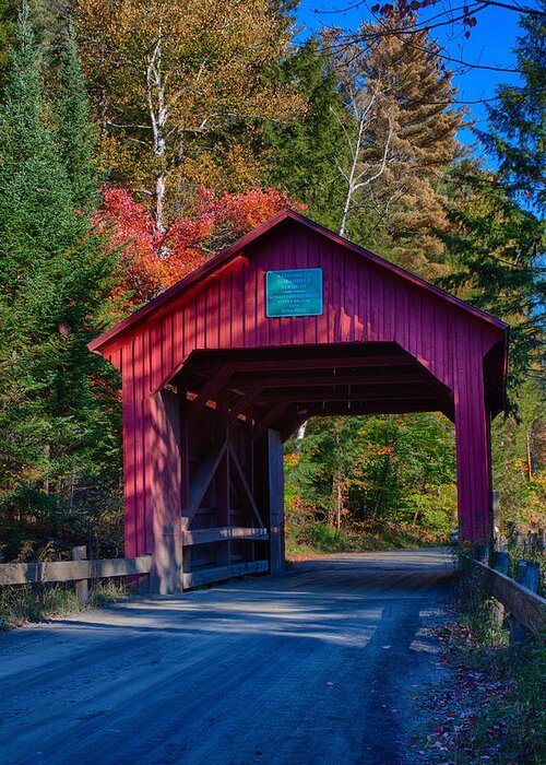 Moseley Covered Bridge Greeting Card featuring the photograph Red autumn foliage over Moseley covered bridge by Jeff Folger