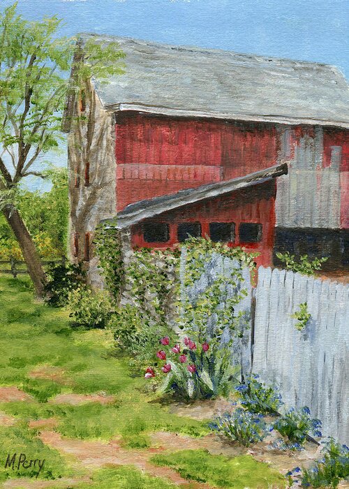 Bucks County Greeting Card featuring the painting Red Barn and Gray Fence by Margie Perry