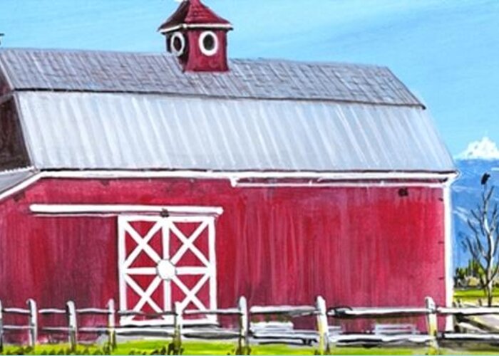 Washington State Skagit County Greeting Card featuring the painting Red Barn and Mt Baker by Bob Patterson