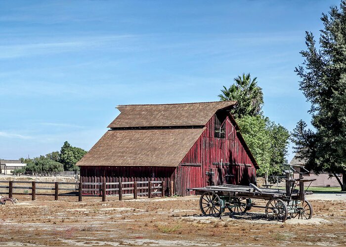Barn Greeting Card featuring the photograph Red Barn And Wagon by Gene Parks