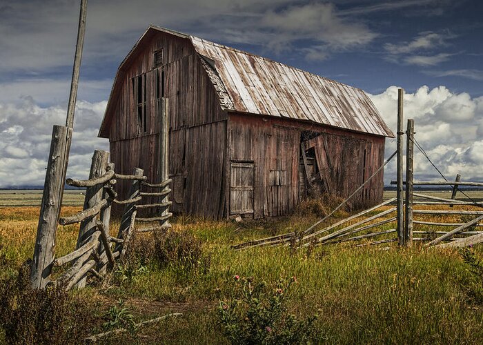 Wood Greeting Card featuring the photograph Red Barn with Wood Fence on an Abandoned Farm by Randall Nyhof