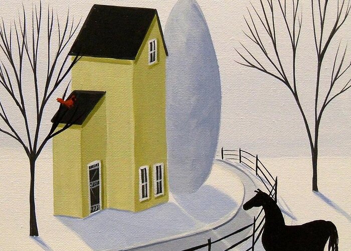 Folk Art Greeting Card featuring the painting Red Bird, Red Bird - horse winter landscape by Debbie Criswell
