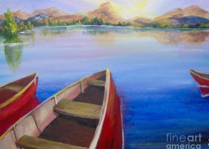 Landscape Greeting Card featuring the painting Red Boats at Sunrise by Saundra Johnson