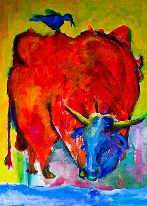 Bull Greeting Card featuring the painting Red Bull With A Bird by Maxim Komissarchik