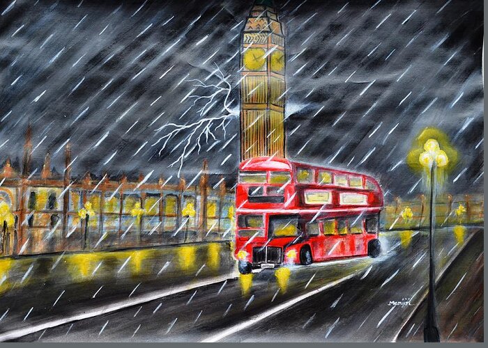 London Greeting Card featuring the painting Red bus in London Night Rain by Manjiri Kanvinde