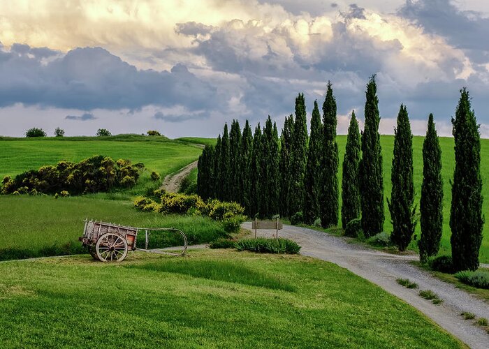 Il Rigo Greeting Card featuring the photograph Red Cart against Tuscan Sky by Georgette Grossman
