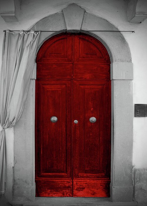 Red Door Greeting Card featuring the photograph Red Door with Curtain, Greeve In Cianti, Tuscany, Italy by Lily Malor