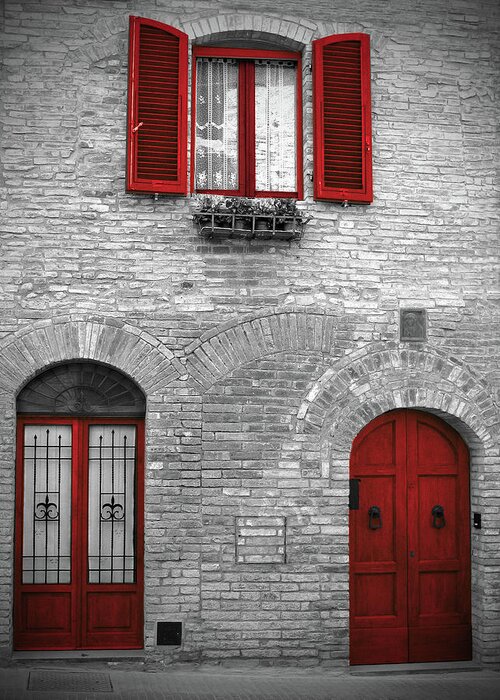 Doors And Windows Greeting Card featuring the photograph Red Doors and Windows in San Gimignano Italy by Lily Malor