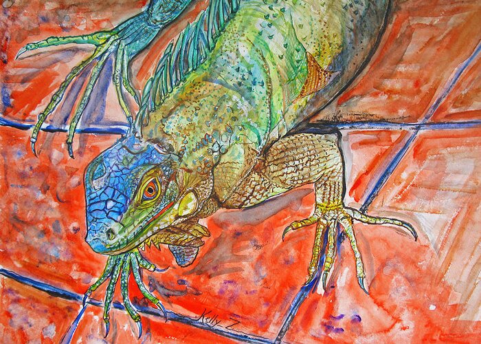 Iguana Greeting Card featuring the painting Red Eyed Iguana by Kelly Smith