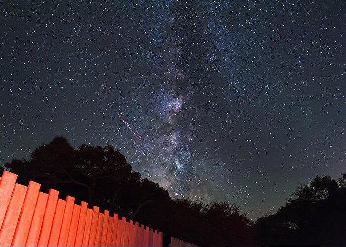 Milky Way Greeting Card featuring the photograph Red Fence Milky Way by Rick Felty