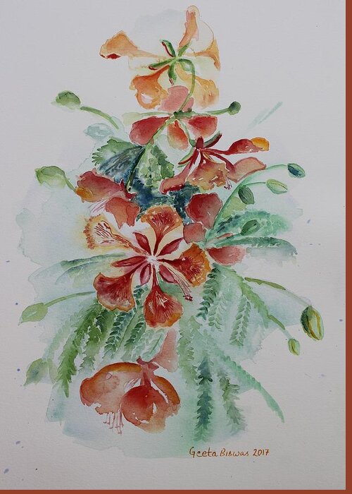 Flamboyant Greeting Card featuring the painting Red Flamboyant flowers still life in watercolor by Geeta Yerra