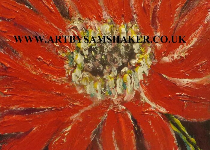 Red Greeting Card featuring the painting Red Flower in Bloom by Sam Shaker
