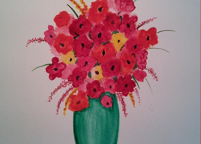Red Flowers Greeting Card featuring the painting Red flowers in a green vase by Susan Nielsen