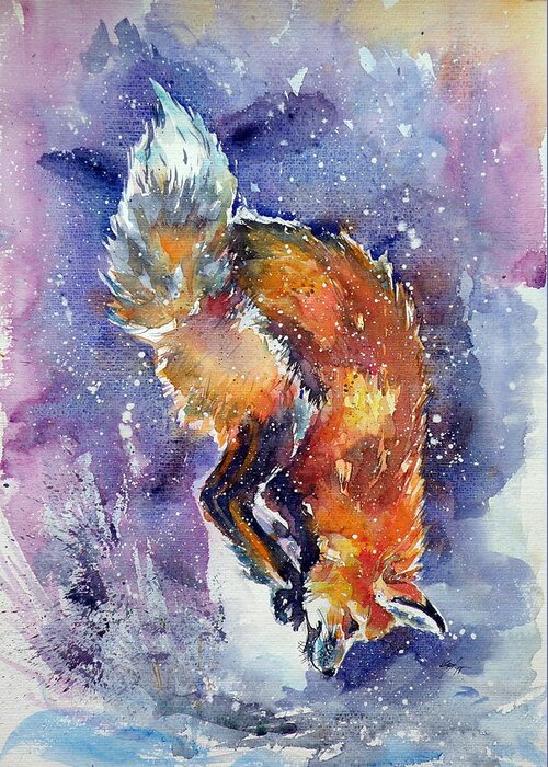 Red Fox Greeting Card featuring the painting Red fox hunting by Kovacs Anna Brigitta