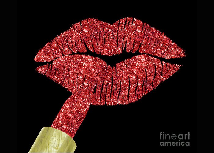 Ruby Lips Greeting Card featuring the painting Red Kiss, faux glitter lipstick on pouty lips, fashion art by Tina Lavoie