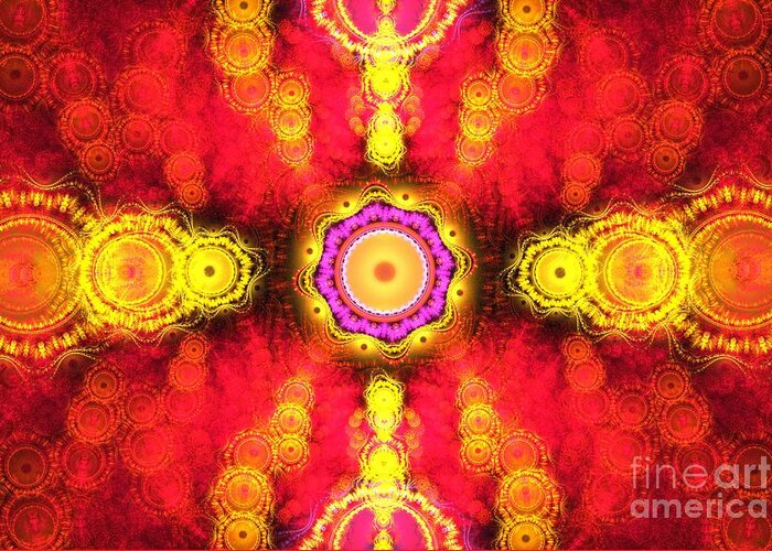 Apophysis Greeting Card featuring the digital art Red Gold Medallions by Kim Sy Ok
