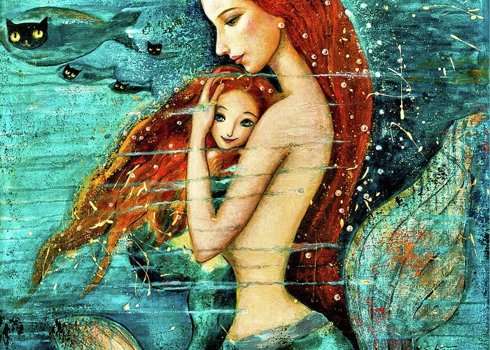 Mermaid Art Greeting Card featuring the painting Red Hair Mermaid Mother and Child by Shijun Munns