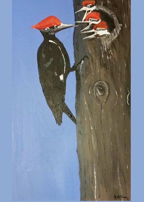 Bird Greeting Card featuring the painting Red headed woodpecker and babies by Kathlene Melvin