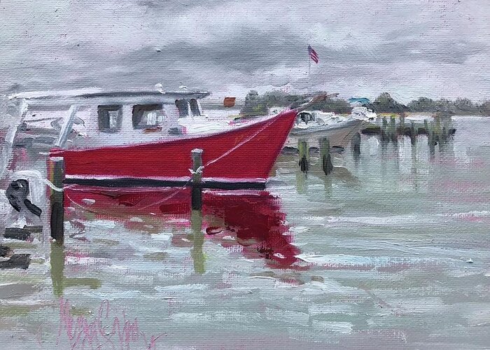 Impressioni Greeting Card featuring the painting Red Hull in Drizzle by Maggii Sarfaty