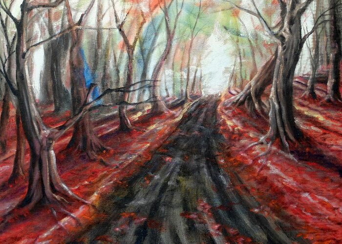 Trees Leaves Red Green Blue Yellow White Pink Black Brown Purple Trees Light Shadow Road Path Horizon Landscape Branches Greeting Card featuring the painting Red leaves by Ida Eriksen