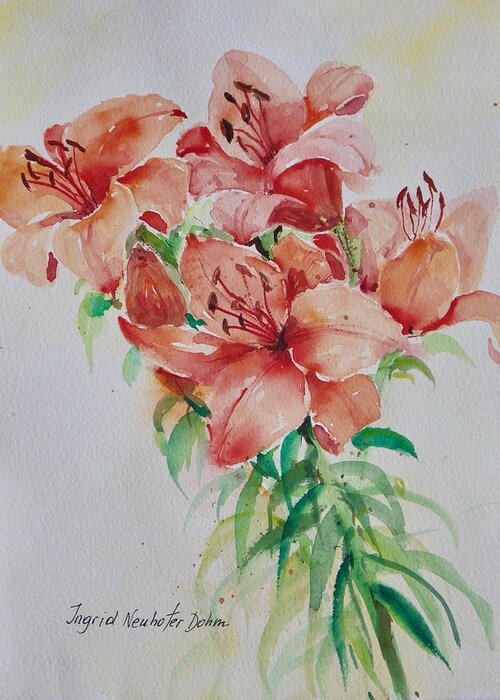 Flowers Greeting Card featuring the painting Red Lilies by Ingrid Dohm