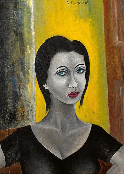 Portrait Greeting Card featuring the painting Red lips by Vladimir Kezerashvili