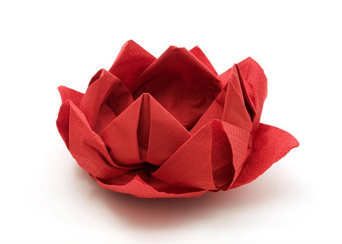 White Background Greeting Card featuring the photograph Red lotus origami by Fabrizio Troiani