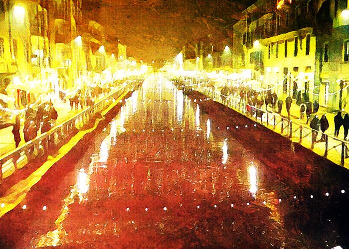 Milan Greeting Card featuring the digital art Red Naviglio by Andrea Barbieri