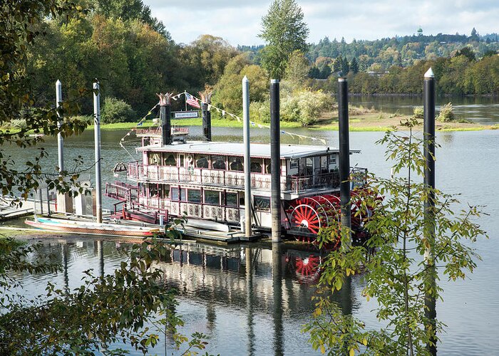 Paddle Wheeler; Boats; Leisure; Summer; Peaceful; Willamette River; Salem; Oregon; Willamette Queen; Riverfront City Park; Carousel; Paddle Wheel Greeting Card featuring the photograph Red Paddle Wheel by Tom Cochran