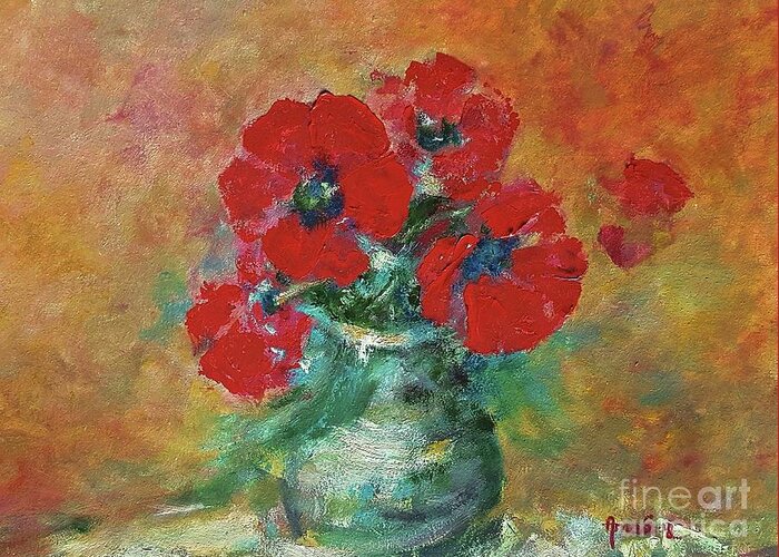 Flowers Greeting Card featuring the painting Red poppies in a vase by Amalia Suruceanu
