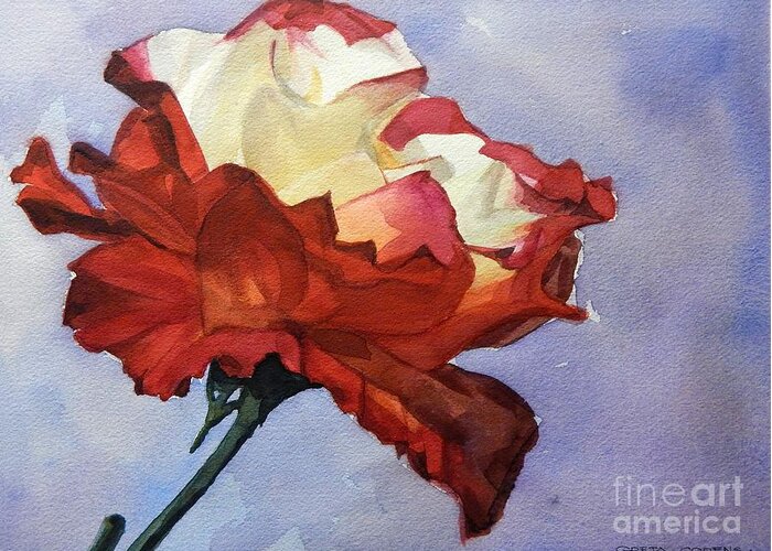 Watercolor Greeting Card featuring the painting Watercolor of a Red and White Rose on Blue Field by Greta Corens