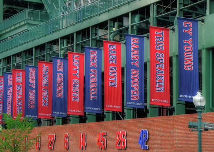 Red Sox Banners Greeting Card featuring the photograph Red Sox Hall of Fame Banners - Fenway Park by Joann Vitali