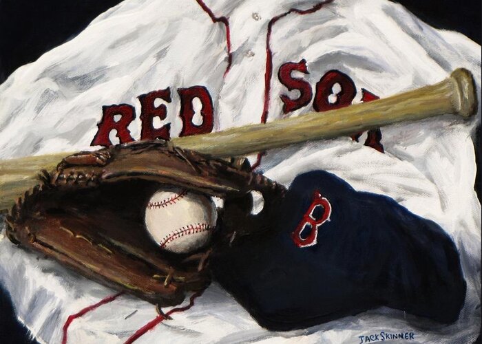Baseball Greeting Card featuring the painting Red Sox number nine by Jack Skinner