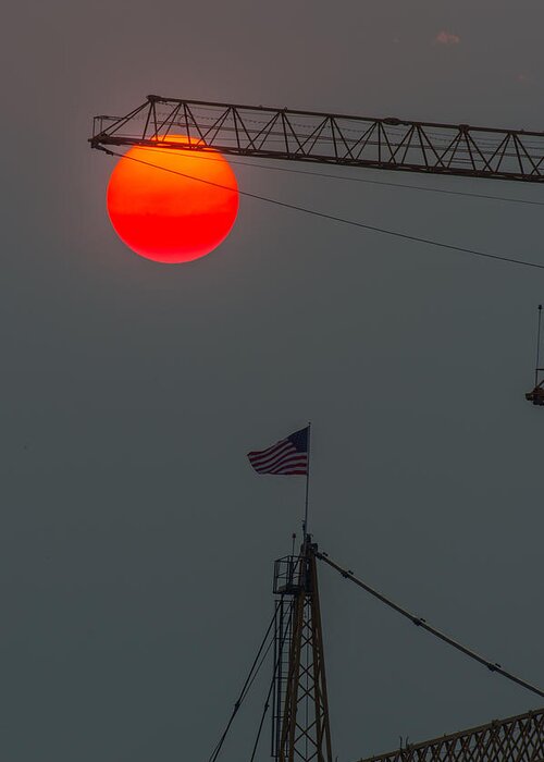 Red Sun Greeting Card featuring the photograph Red Sun with Crane by Hisao Mogi