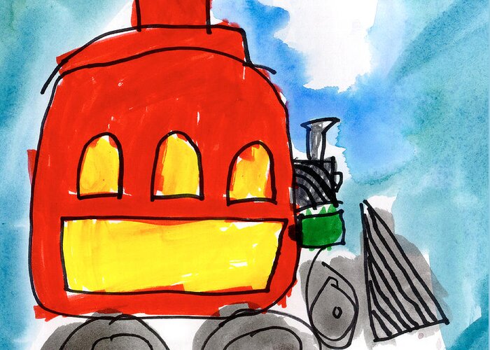 Red Train Greeting Card featuring the painting Red Train by Isabel Tubao Age Five