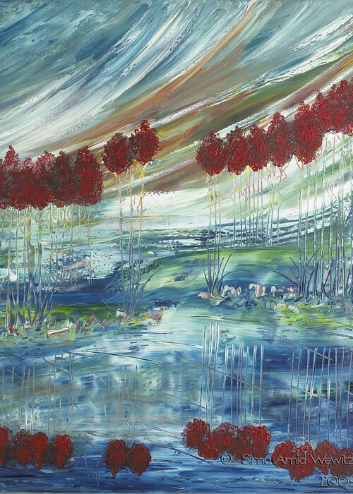 Landscape Greeting Card featuring the painting Red trees at Horizon. by Sima Amid Wewetzer