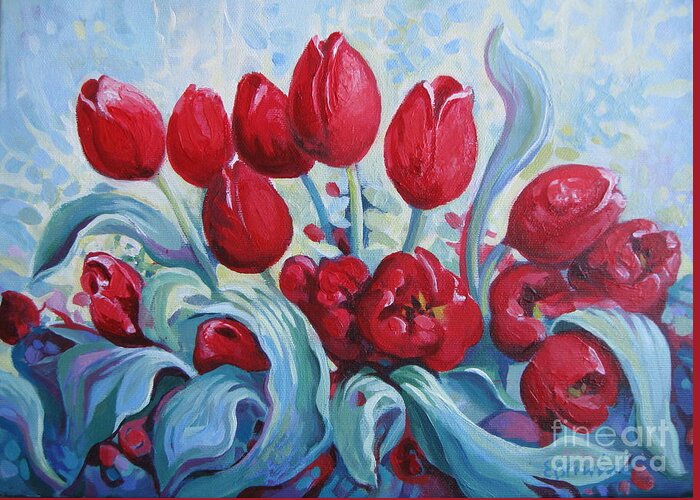 Tulips Greeting Card featuring the painting Red tulips by Elena Oleniuc