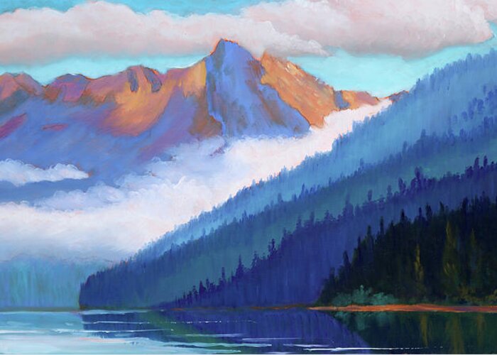 Redfish Lake Greeting Card featuring the painting Redfish Lake - Low Clouds by Kevin Hughes