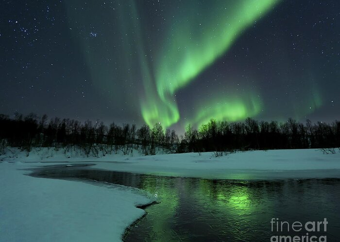 Green Greeting Card featuring the photograph Reflected Aurora Over A Frozen Laksa by Arild Heitmann