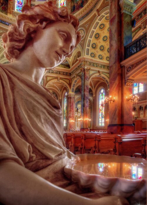 Basilica Josaphat Milwaukee Cathedral Font Holy Water Church Tabernacle Sanctuary Angel Religion Mass Catholic Polish Wi Wisconsin Greeting Card featuring the photograph Reflecting on that which is Holy by Peter Herman