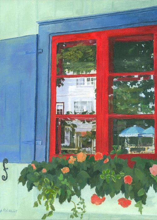 Window Greeting Card featuring the painting Reflecting Panes by Lynne Reichhart