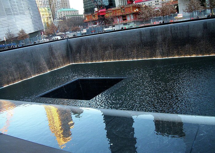Reflecting Pool Greeting Card featuring the photograph Reflecting Pool at 9/11 Memorial Site in NYC by Linda Stern