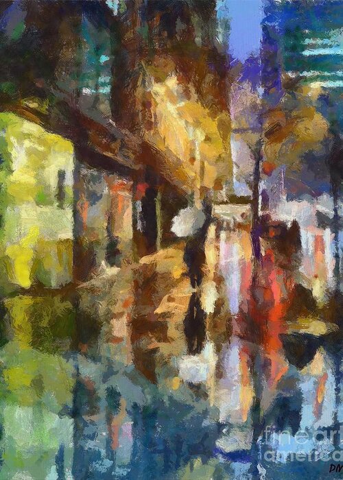 Street Scenes Greeting Card featuring the painting Reflection in the Rain by Dragica Micki Fortuna