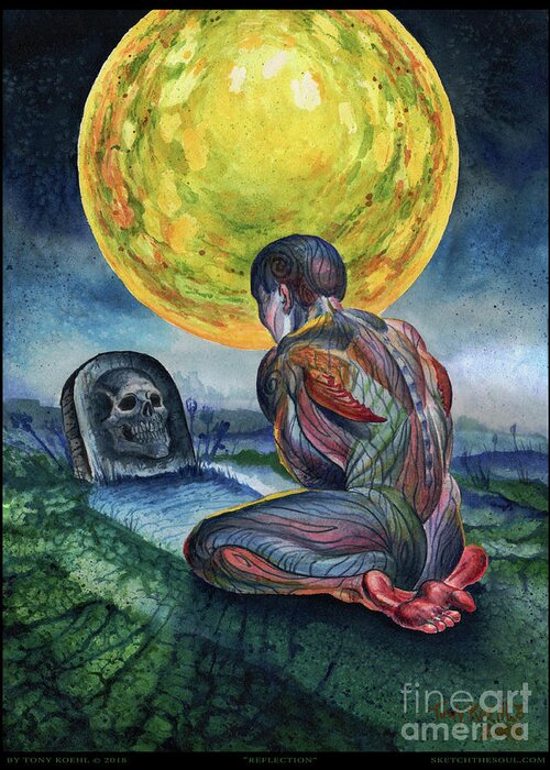 Tony Koehl; Sketch The Soul; Moon; Night; Skull; Night; Figure; 3rd Eye; 3rd Eye Enigma; Watercolor; Time; Reflection; Alone; Figure; Art; Artist; Dark; Splatter. Greeting Card featuring the painting Reflection by Tony Koehl