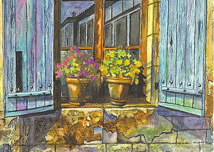 Geraniums Greeting Card featuring the painting Reflections In A Window by Carol Wisniewski