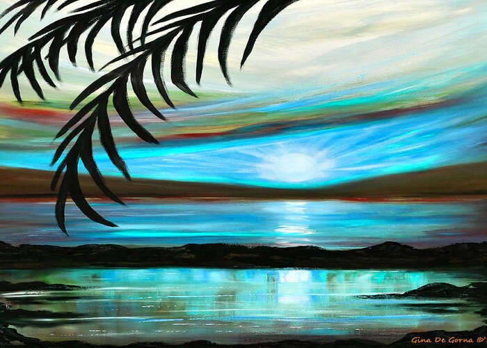 Sunset Greeting Card featuring the painting Reflections in Teal - Landscape Sunset by Gina De Gorna