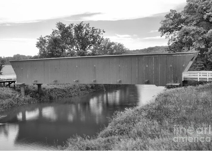 Hogback Covered Bridge Greeting Card featuring the photograph Reflections In The North River Black And White by Adam Jewell