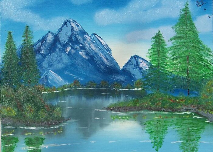 Mountains Water Lake Ocean Pine Trees Reflections Greeting Card featuring the painting Reflections by Lawrence Booth