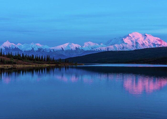 Alaska Greeting Card featuring the photograph Sunset Reflections of Denali in Wonder Lake by Brenda Jacobs