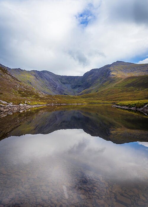 Black Greeting Card featuring the photograph Reflections of the Macgillycuddy's Reeks in Lough Eagher by Semmick Photo